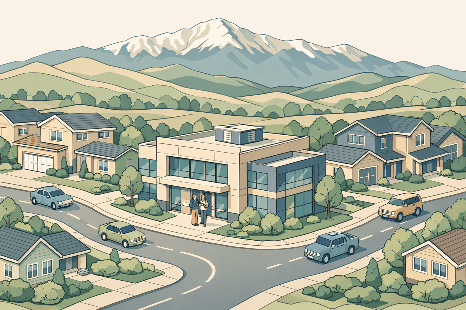 Isometric scene of a Colorado Springs neighborhood with homes, a mortgage office, and Pikes Peak in the background.