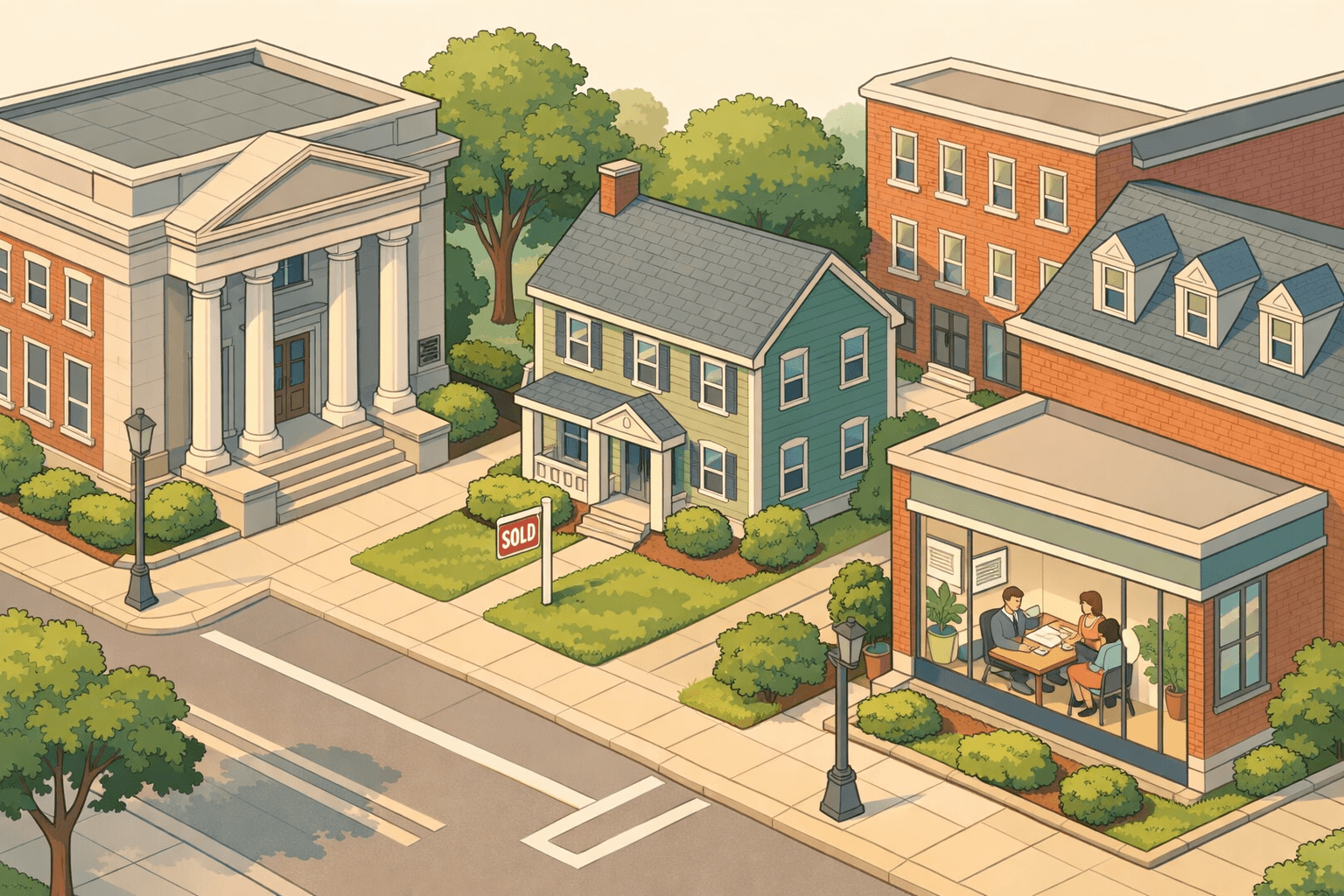 Isometric scene of a Connecticut downtown with a colonial brick bank, a residential home with a sold sign, and a mortgage office with a loan officer helping buyers.