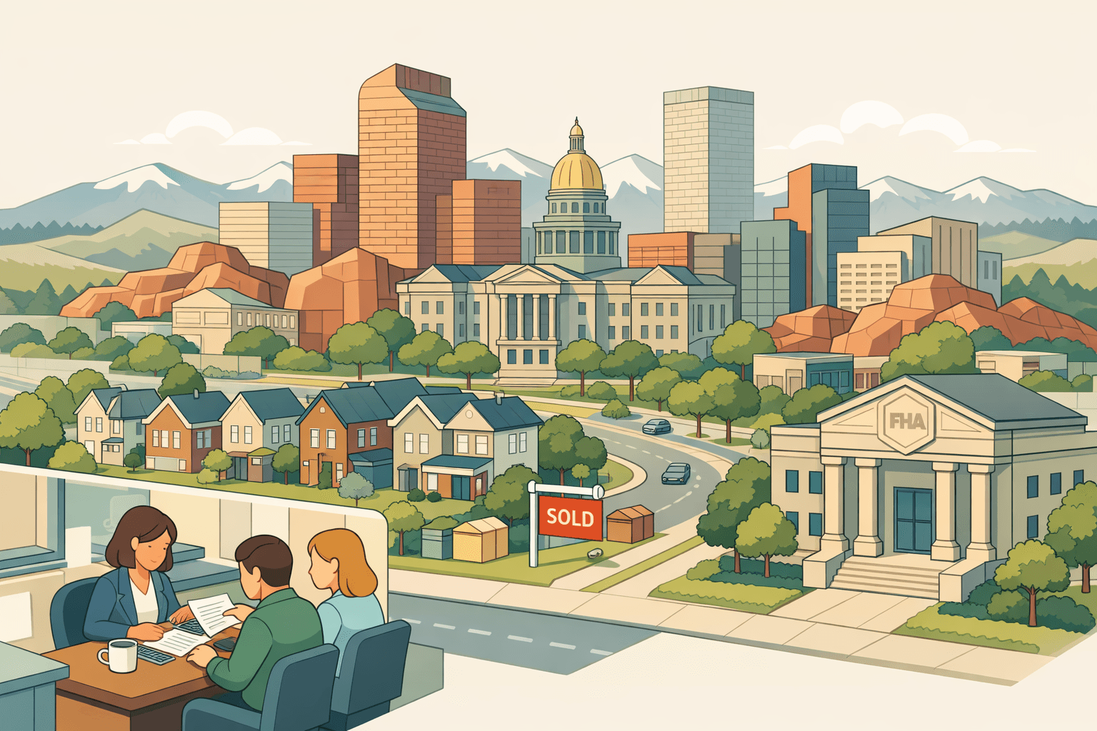 Isometric illustration of Denver skyline with a mortgage office, residential homes, and small figures reviewing home loan documents in the foreground.