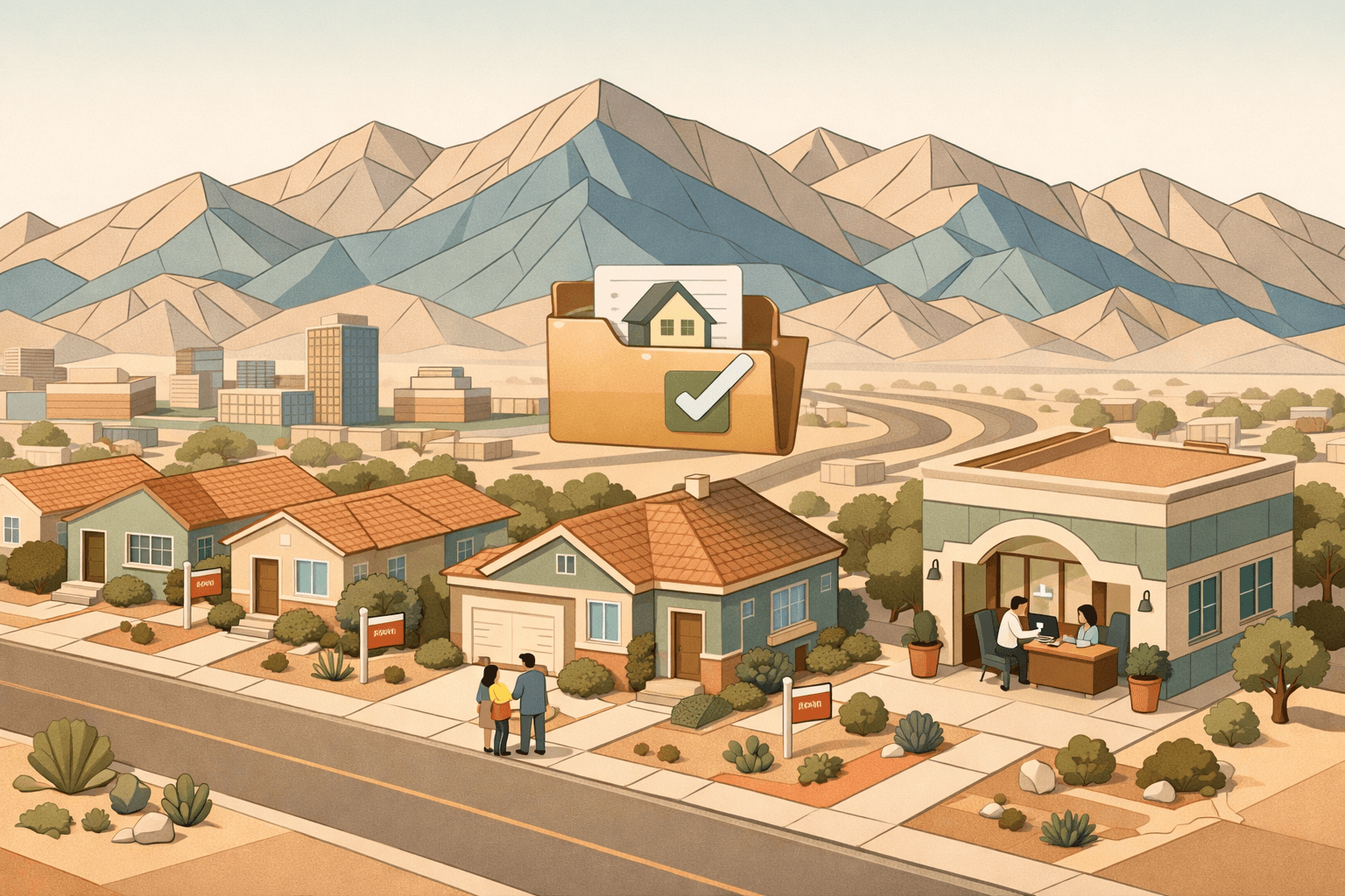 Isometric scene of El Paso homes and a local mortgage office with mountain ridgelines in the background and small figures near a residential property.