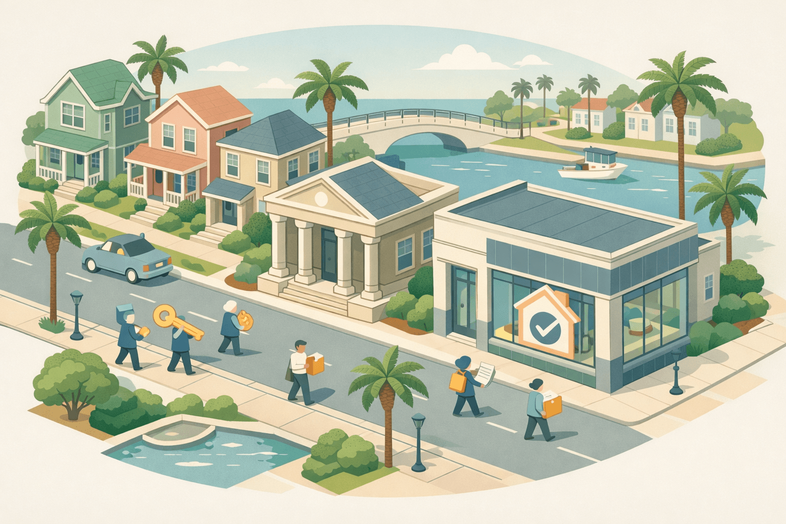 Isometric Florida neighborhood with homes, a local bank, and a mortgage office surrounded by palm trees and a waterway.