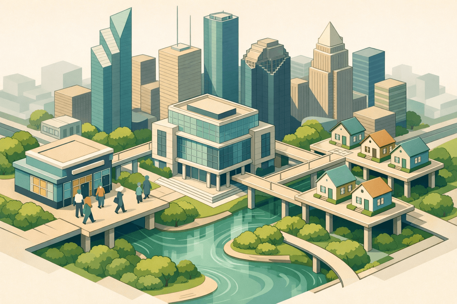 Isometric Houston cityscape showing a bank building, residential homes, and small figures representing mortgage borrowers navigating a lending environment.