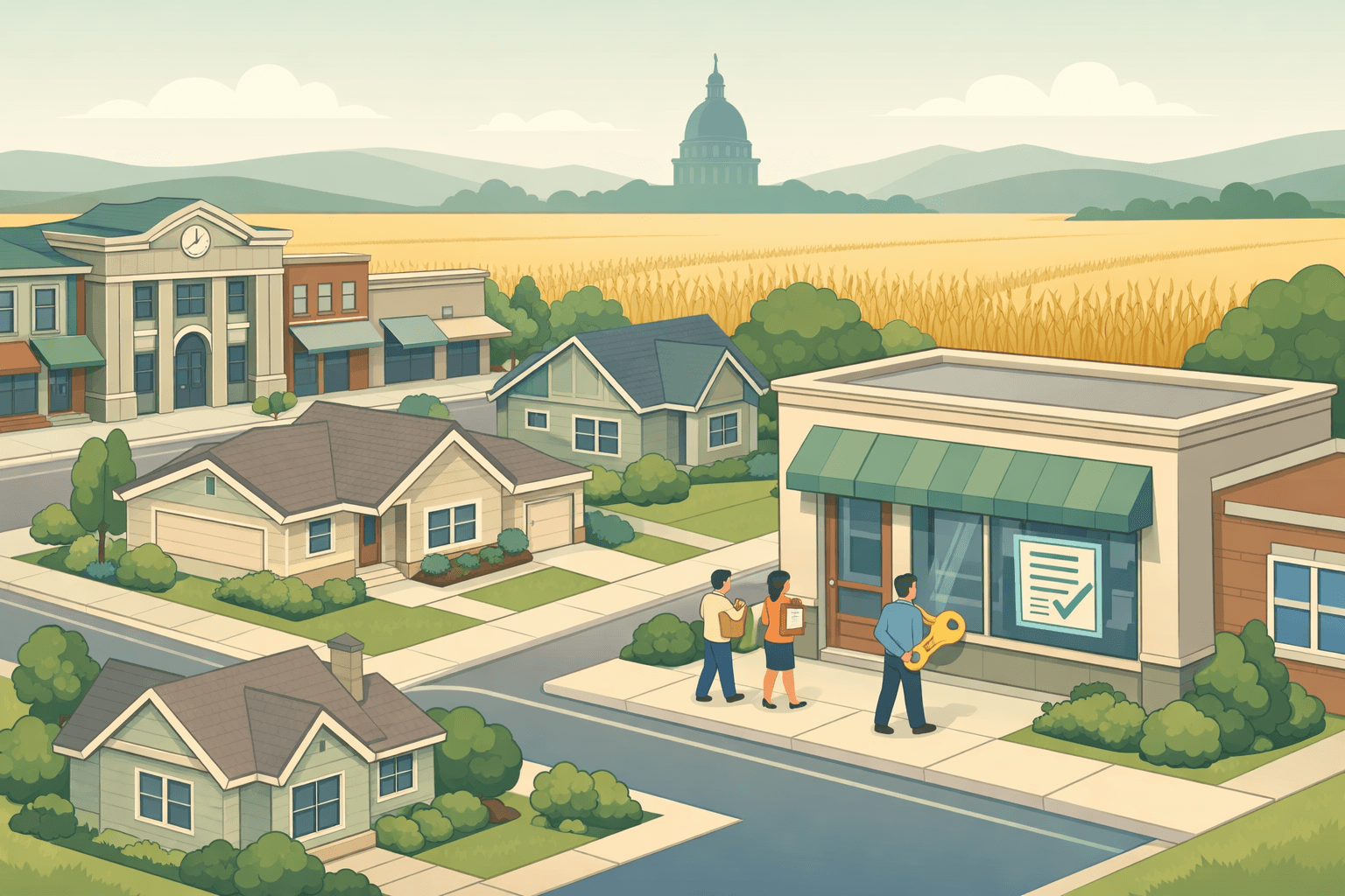 Isometric Kansas neighborhood with ranch homes, a small bank building, wheat fields, and tiny figures near a mortgage office carrying keys and documents.