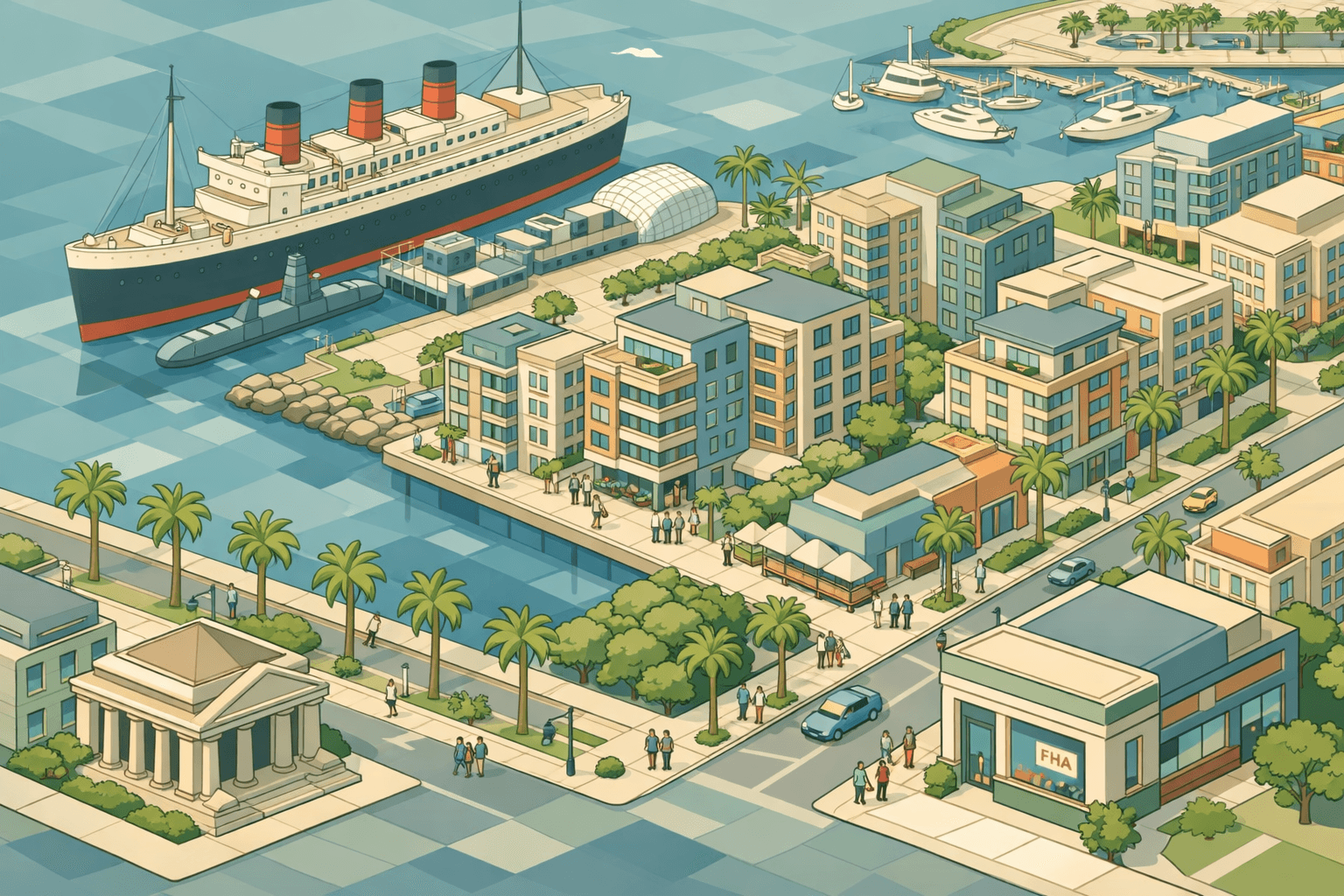 Isometric illustration of the Long Beach waterfront with residential buildings, a mortgage office, and tiny people walking along a palm-lined street.