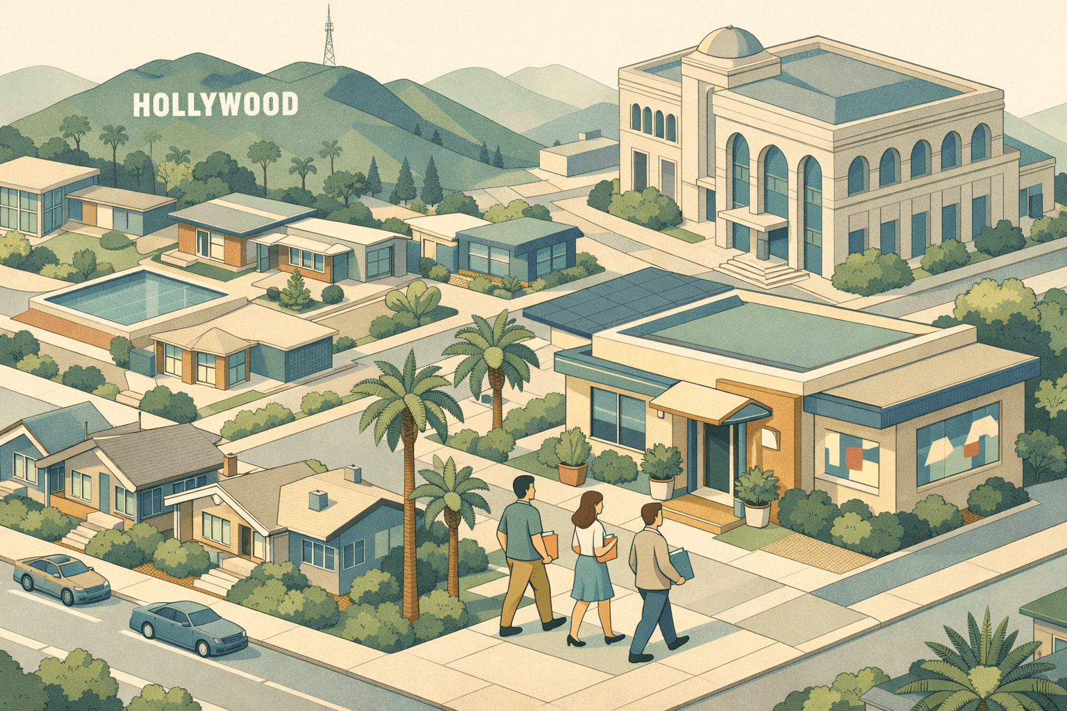Isometric illustration of a Los Angeles neighborhood with homes, palm trees, and a mortgage office with small figures of homebuyers outside.