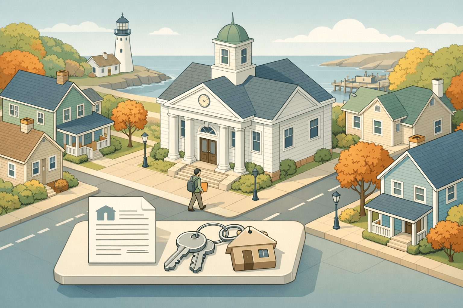 Isometric Maine coastal town scene with a bank building, lighthouse, residential homes, and a small figure walking toward the bank entrance.
