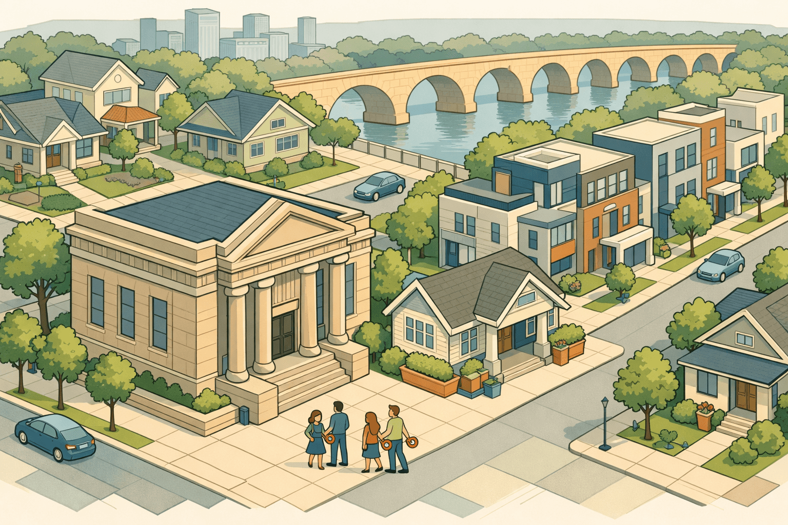 Isometric view of a Minneapolis neighborhood with homes, a bank building, a mortgage office, and a stylized river bridge in the background.