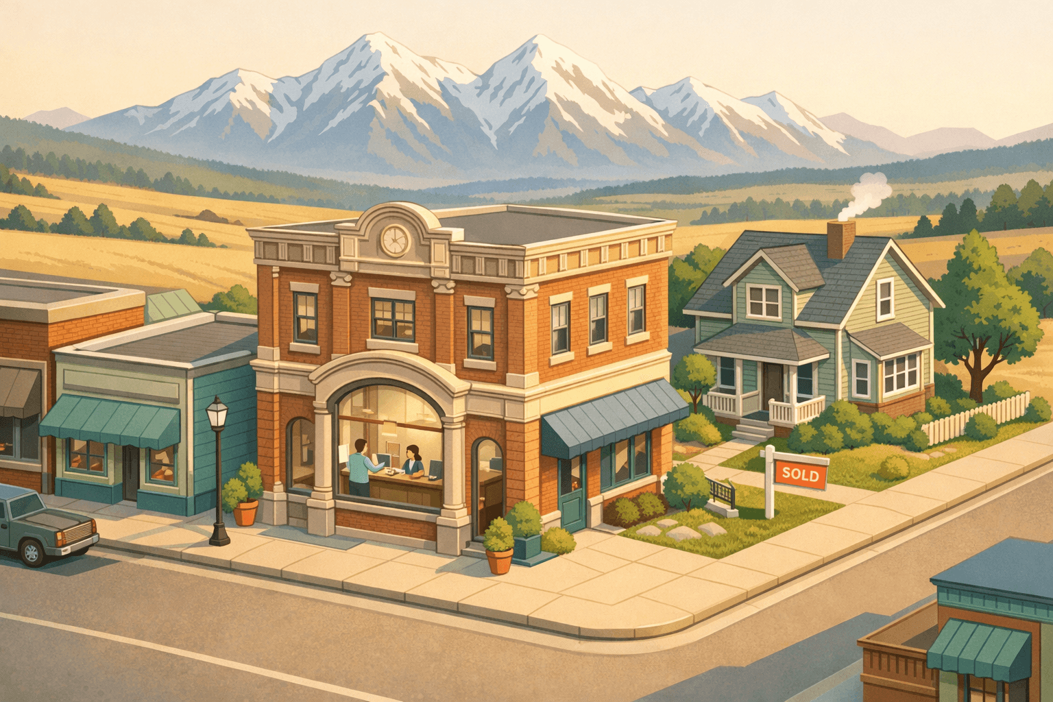 Isometric illustration of a Montana small town with a brick bank building, a home with mountains in the background, and a sold sign out front.
