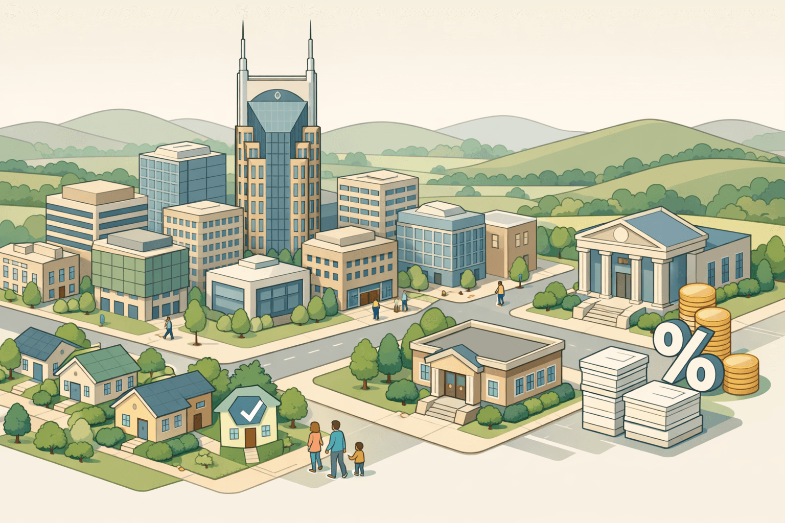 Isometric Nashville skyline with homes, a mortgage office, and small figures representing homebuyers in a soft pastel cityscape.