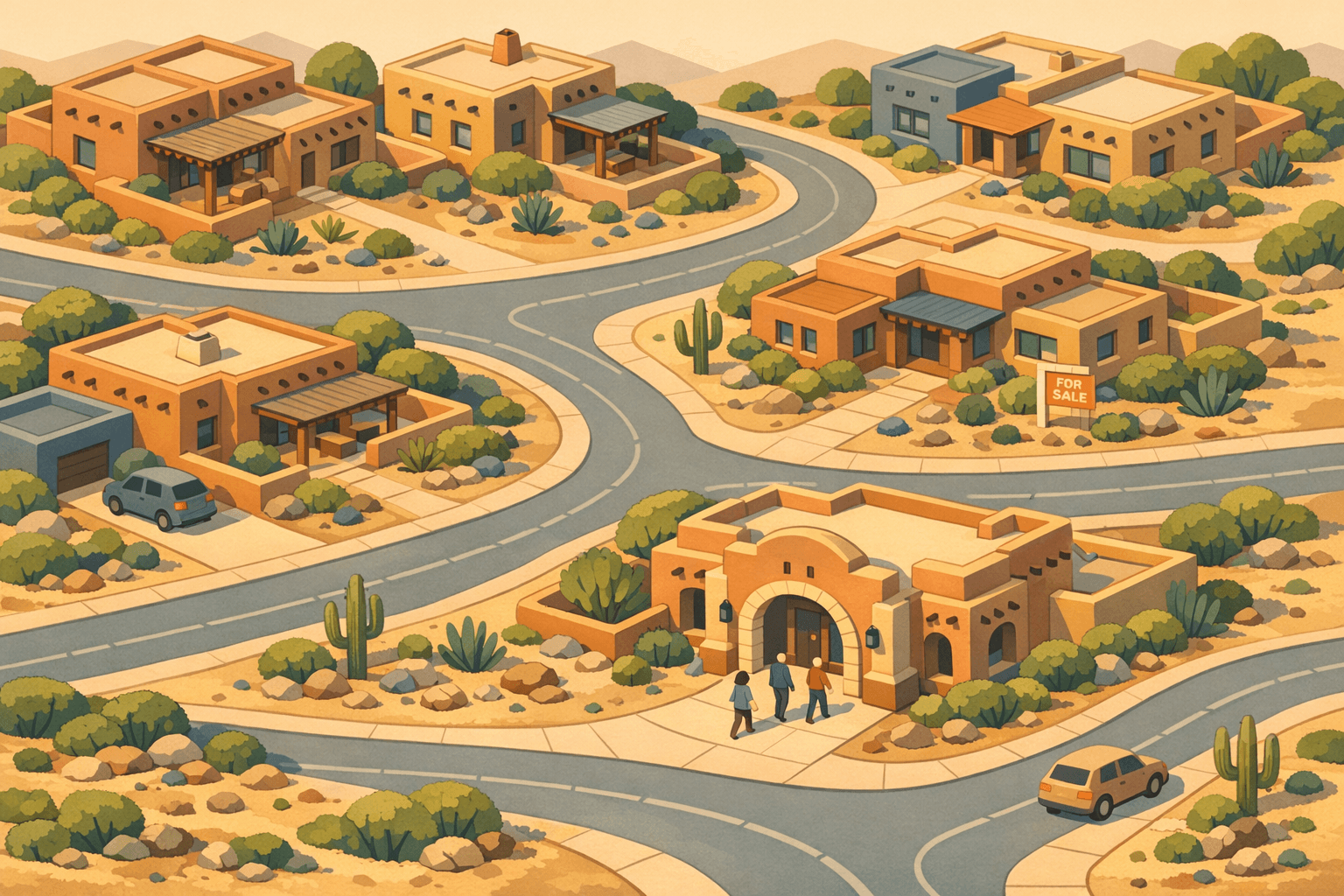 Isometric scene of adobe-style New Mexico homes and a community mortgage office with small figures approaching, surrounded by desert landscaping.