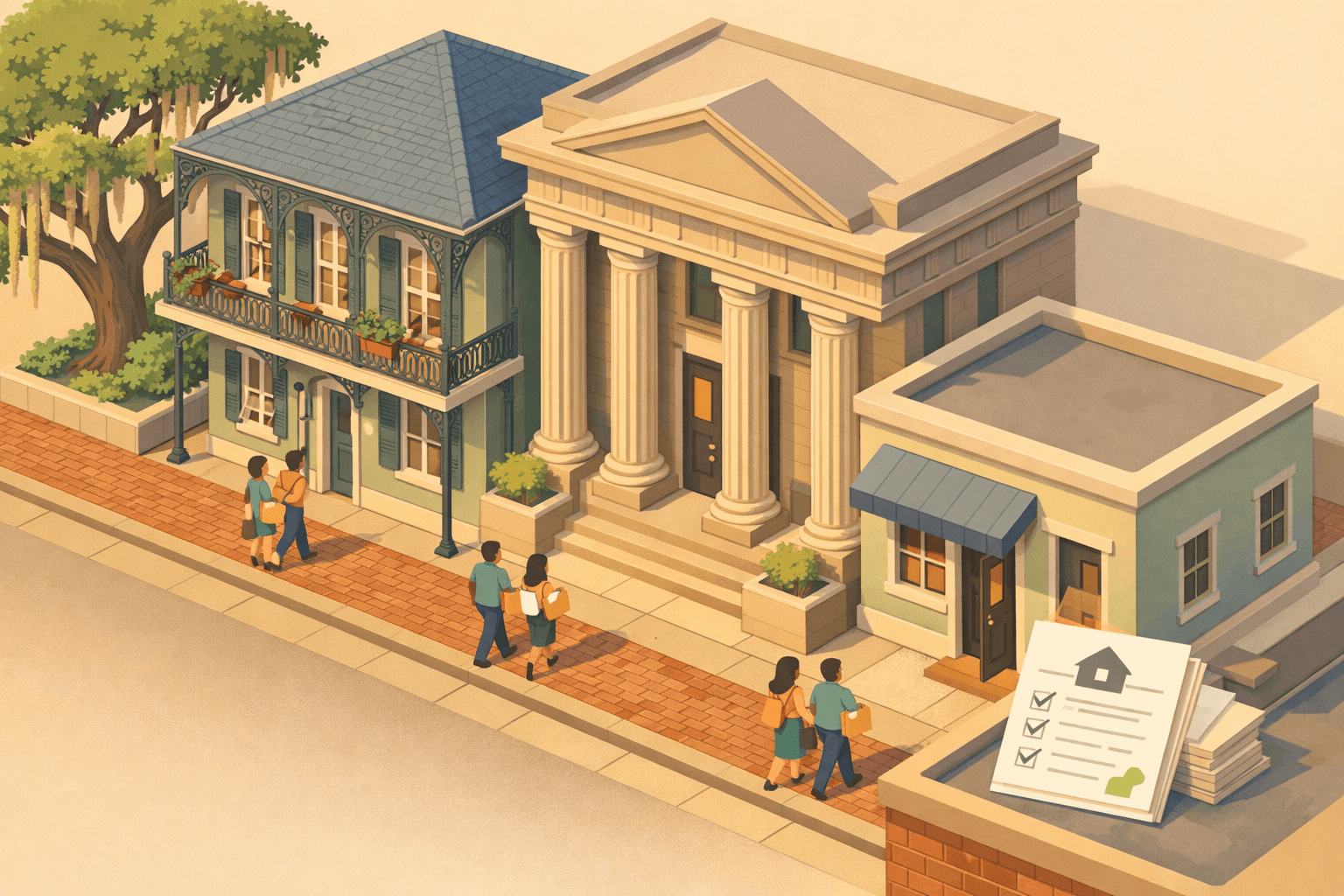 Isometric scene of a New Orleans street with historic buildings, a bank, a mortgage office, and small figures of homebuyers carrying documents.