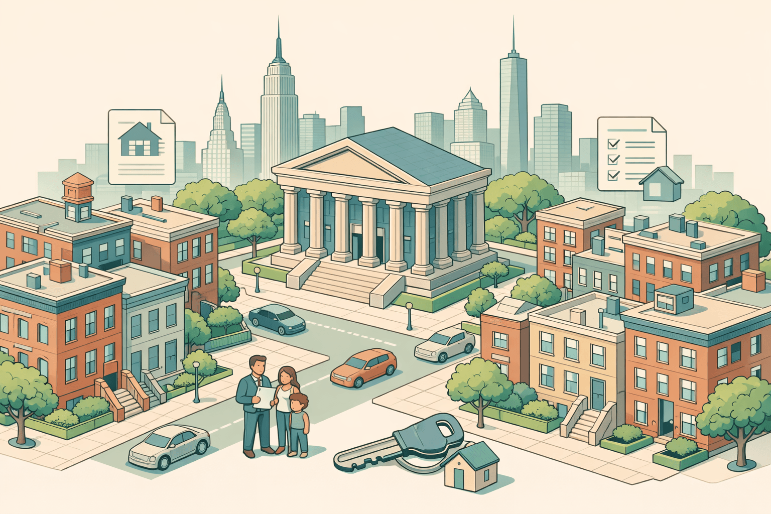 Isometric New York neighborhood scene with brownstones, a bank building, and a small family figure near a home representing FHA mortgage lending.