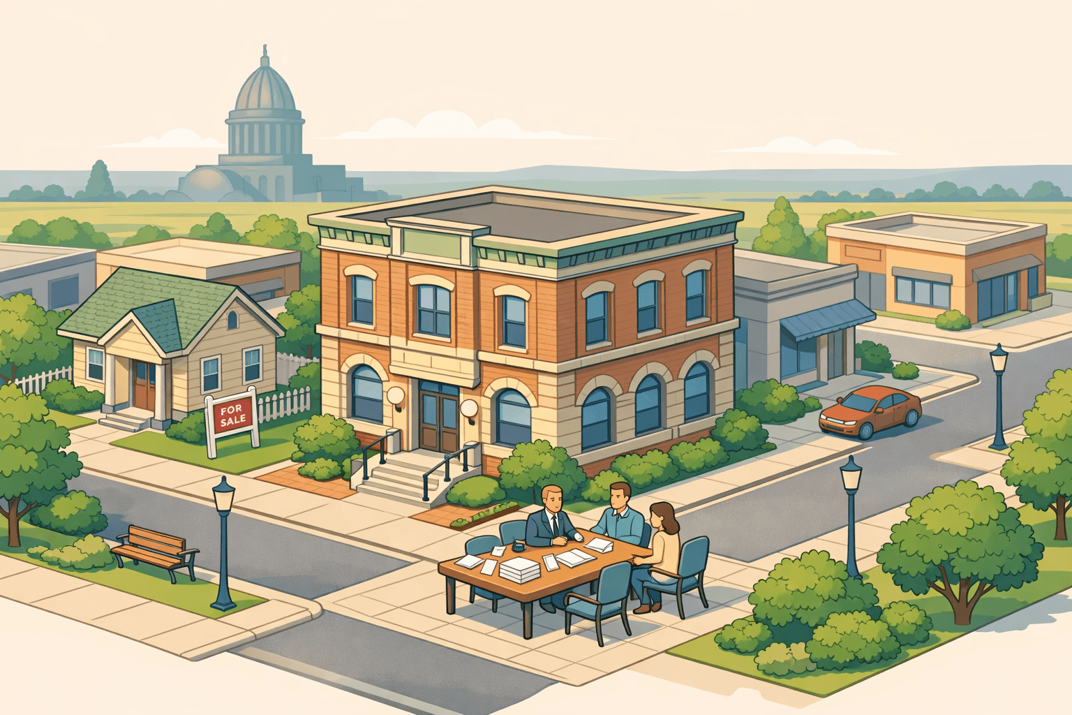 Isometric illustration of a North Dakota community bank and nearby home with small figures discussing a mortgage at an outdoor table.