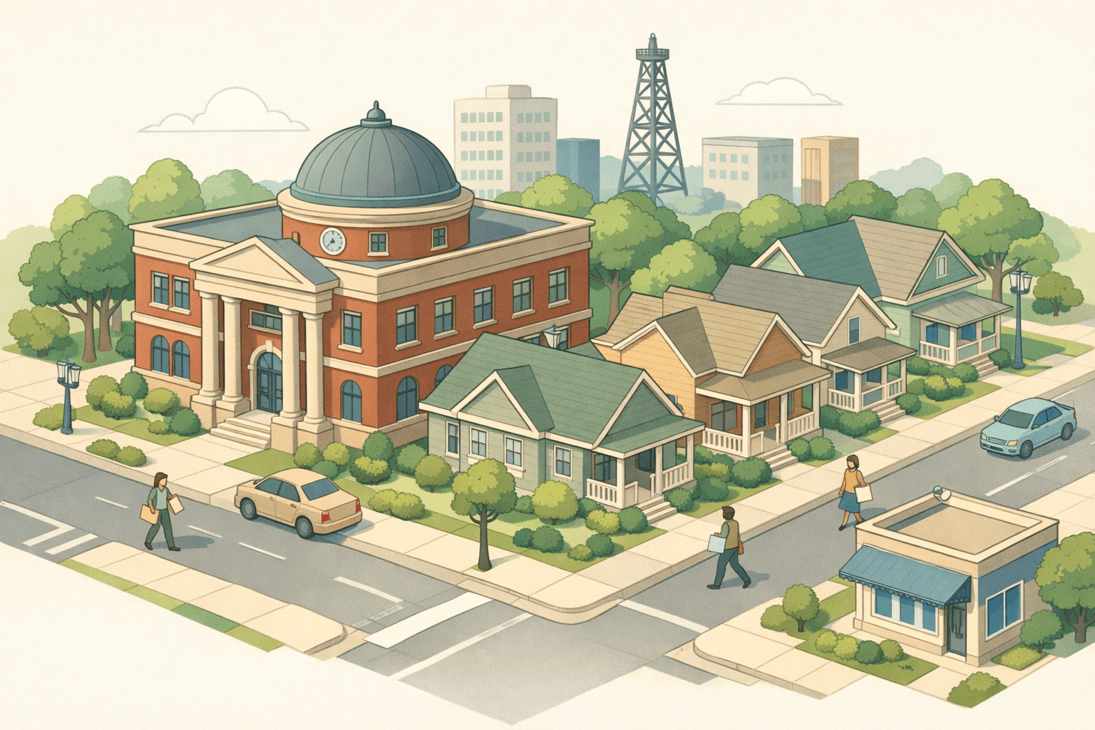 Isometric scene of an Oklahoma city block with a community bank, modest homes, a mortgage office, and a small oil derrick in the background skyline.