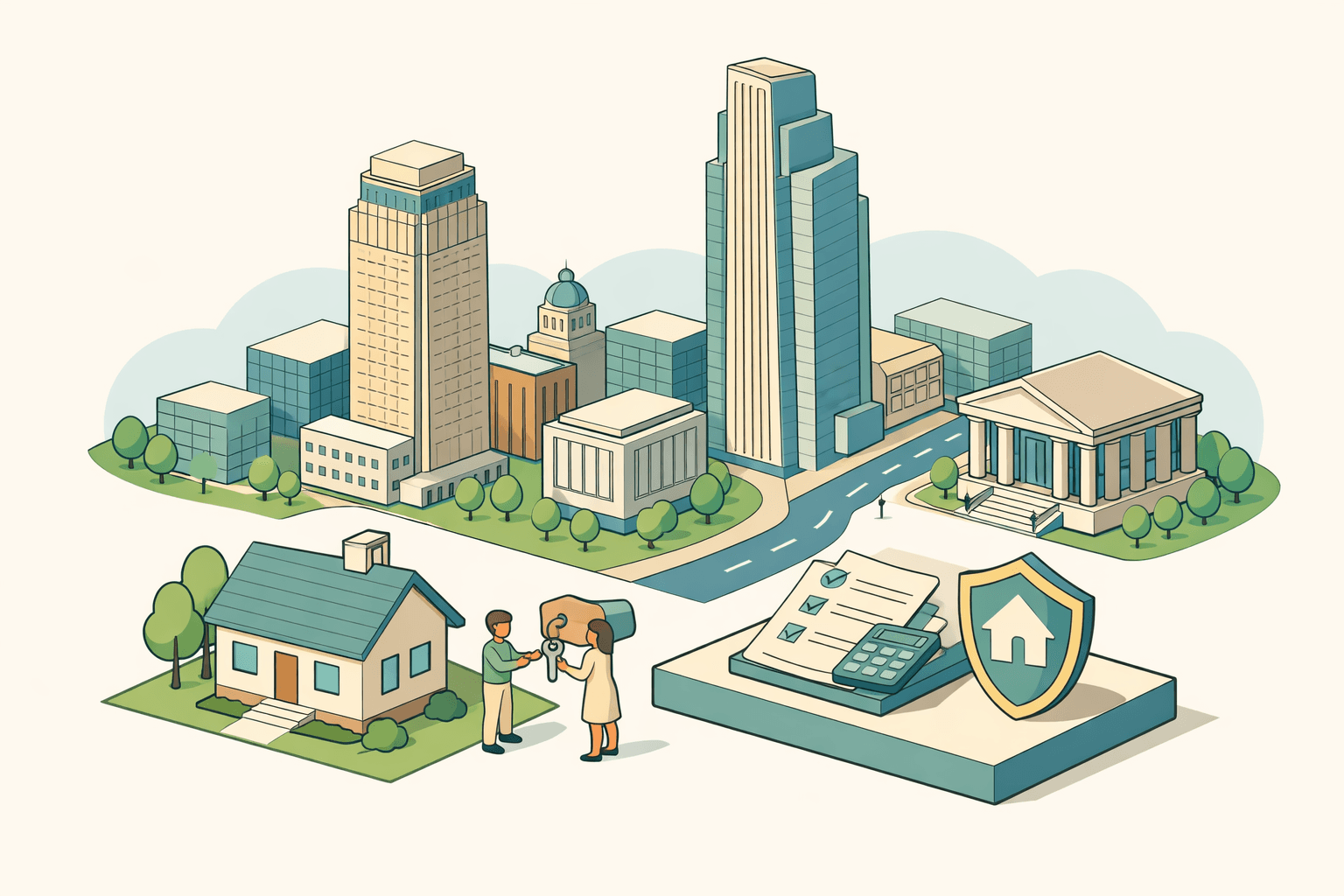 Isometric scene of the Omaha skyline with a small house, a figure receiving keys, and a bank building representing local FHA mortgage lending.