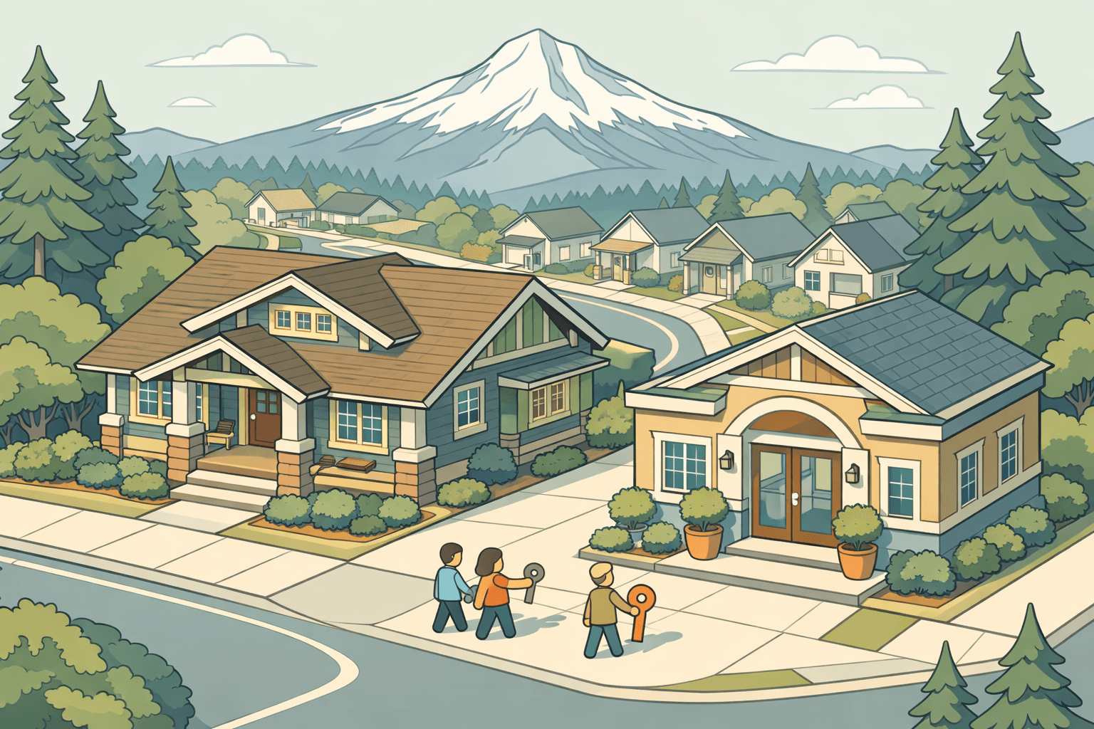Isometric scene of a craftsman neighborhood in Oregon with a mortgage office, small homebuyer figures, and a mountain visible in the background.