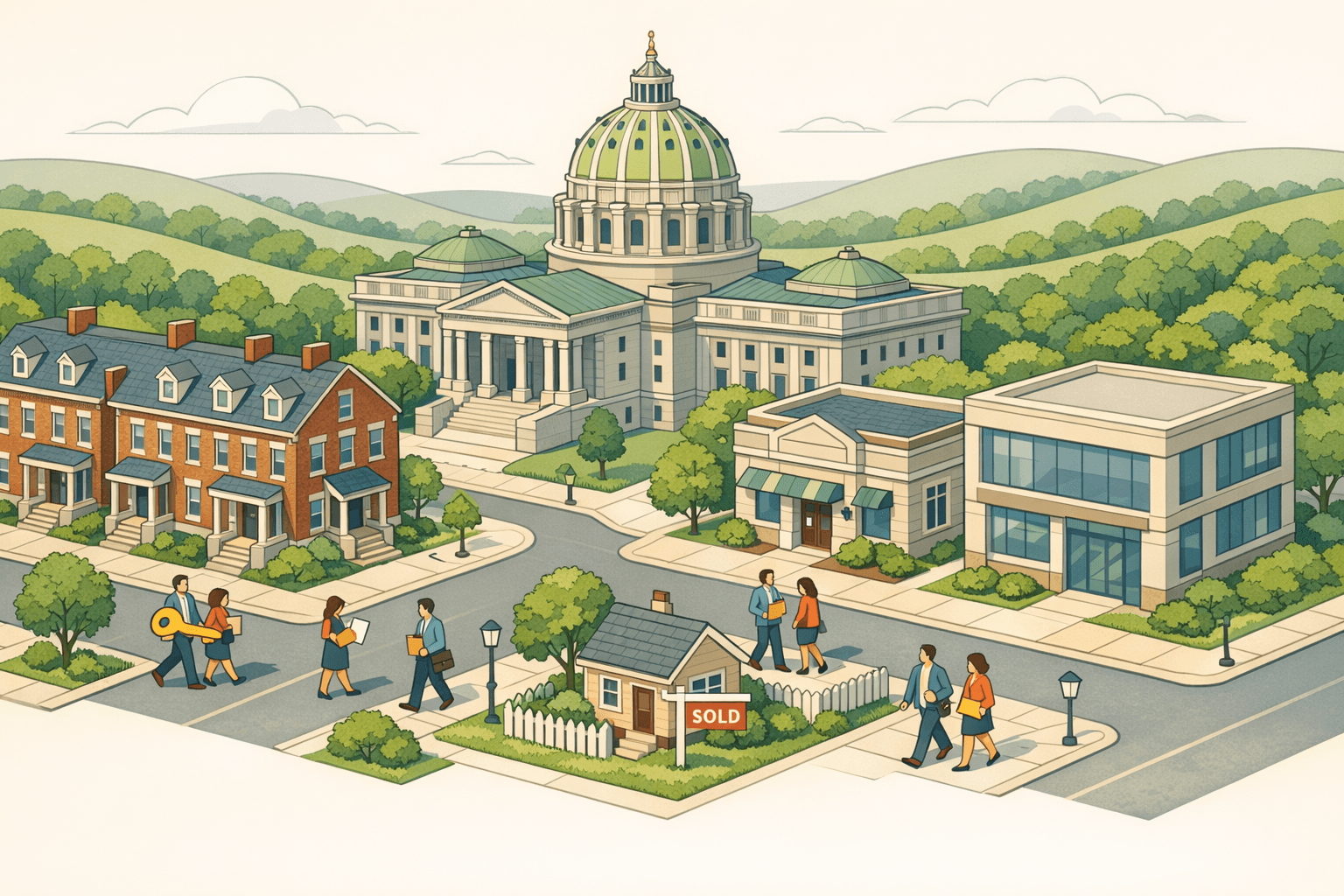 Isometric scene of a Pennsylvania neighborhood with historic rowhouses, a civic building, a community bank, and a mortgage office with small figures carrying keys and documents.