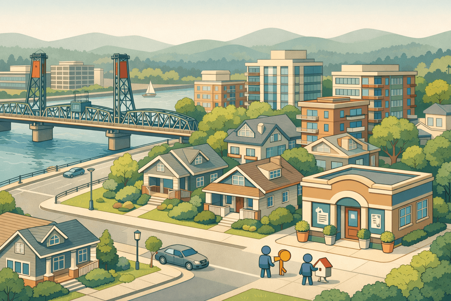 Isometric view of a Portland neighborhood with craftsman homes, a bridge, and a small mortgage office with figures holding house keys.