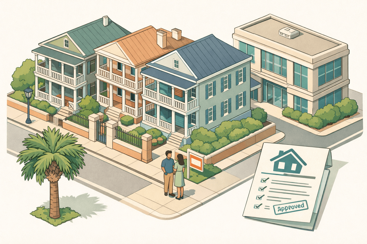 Isometric scene of South Carolina homes and a mortgage office with a small couple near a for-sale sign and a palmetto tree in the foreground.