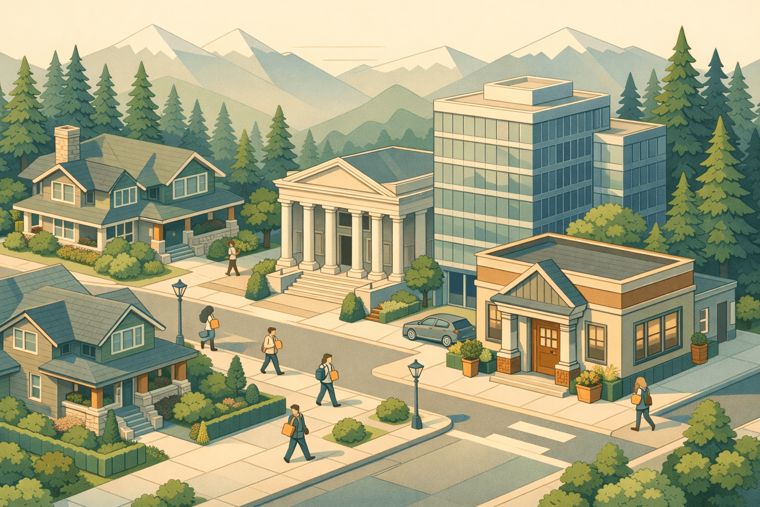 Isometric view of a Pacific Northwest neighborhood with craftsman homes, evergreen trees, mountain backdrop, and a small lending office on a quiet street.