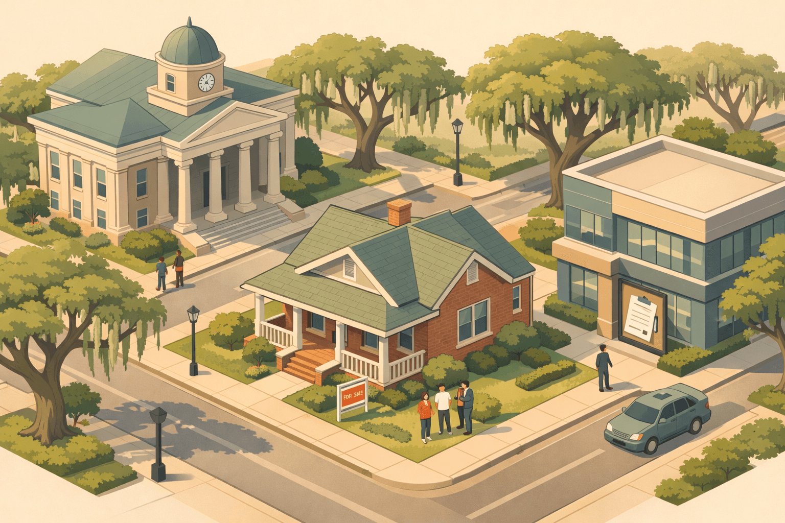 Isometric street scene showing Southern-style homes, a mortgage office, and oak trees representing the Southeast housing and FHA lending market.