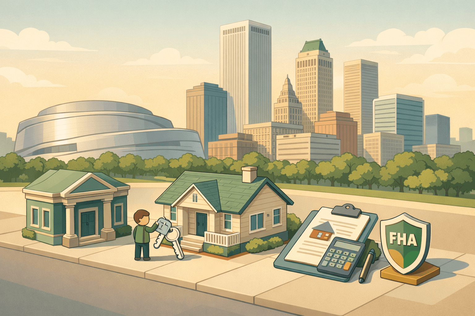 Isometric city scene with Tulsa downtown buildings, a small house, a community bank, and a tiny figure receiving house keys at the entrance.