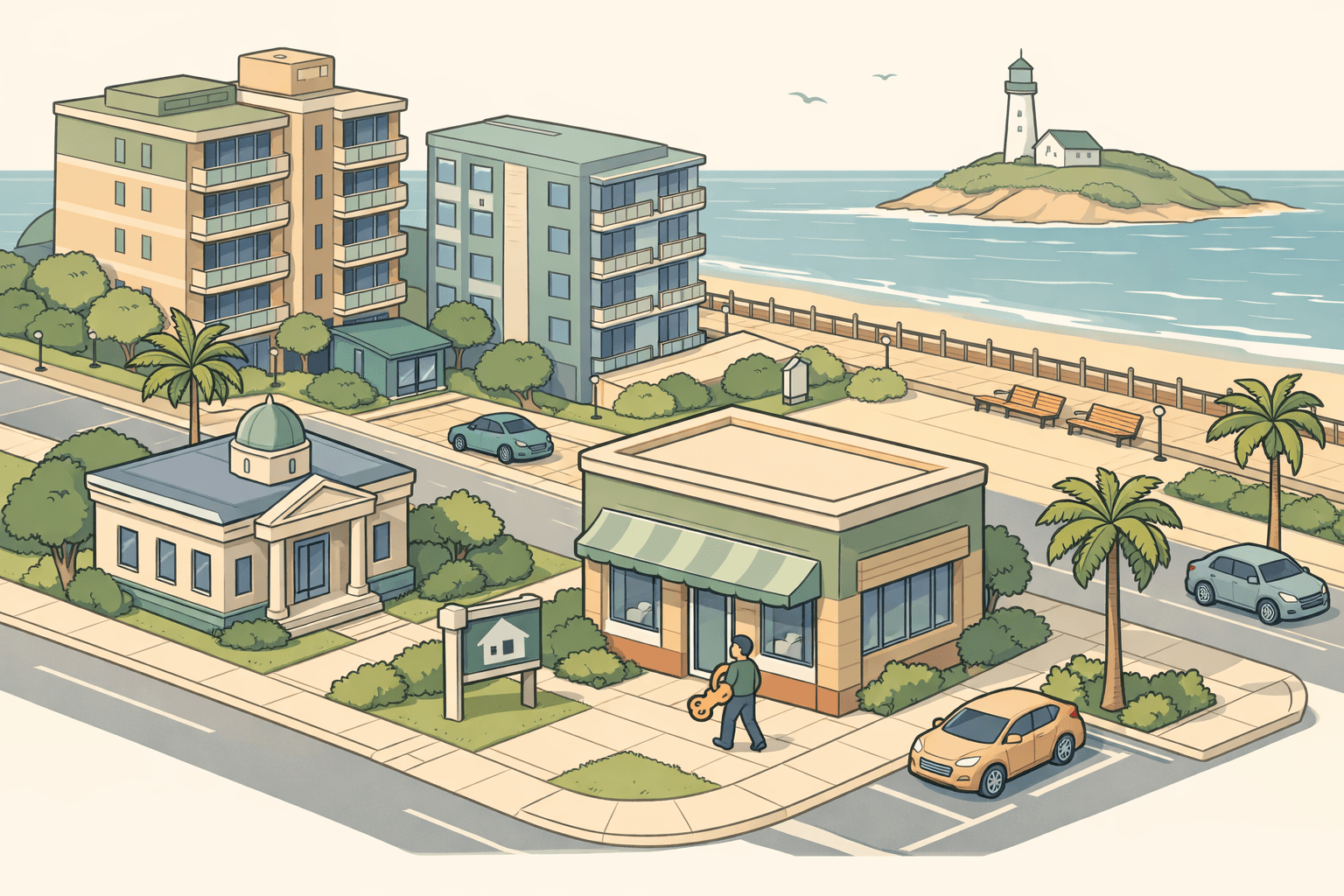 Isometric view of a Virginia Beach coastal neighborhood with a mortgage office, residential buildings, a boardwalk, and a lighthouse in the background.