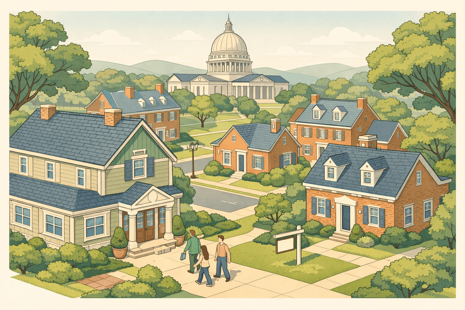 Isometric illustration of a Virginia neighborhood with colonial brick homes, a capitol dome in the background, and a mortgage office in the foreground.