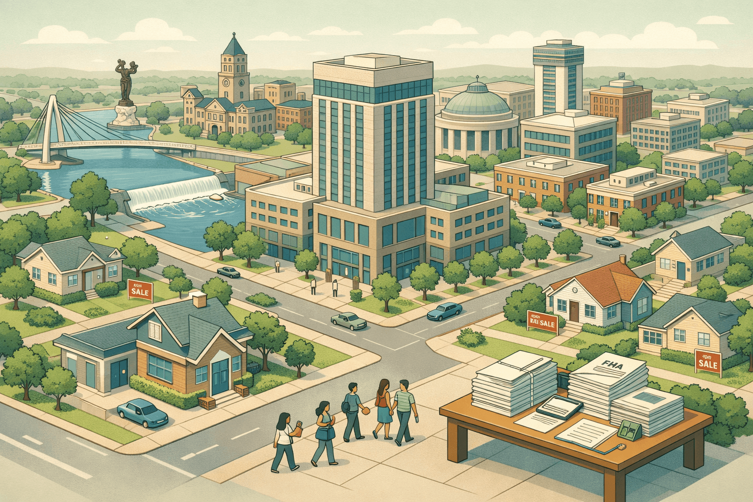 Isometric scene of a Wichita cityscape with residential homes, a bank building, and small figures of homebuyers approaching a mortgage office.