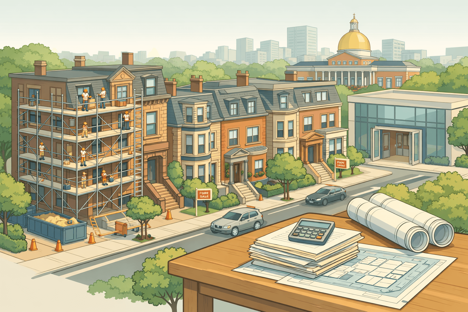 Boston rowhouses being renovated with scaffolding, nearby completed flips, a lending office, and the State House dome in the background.