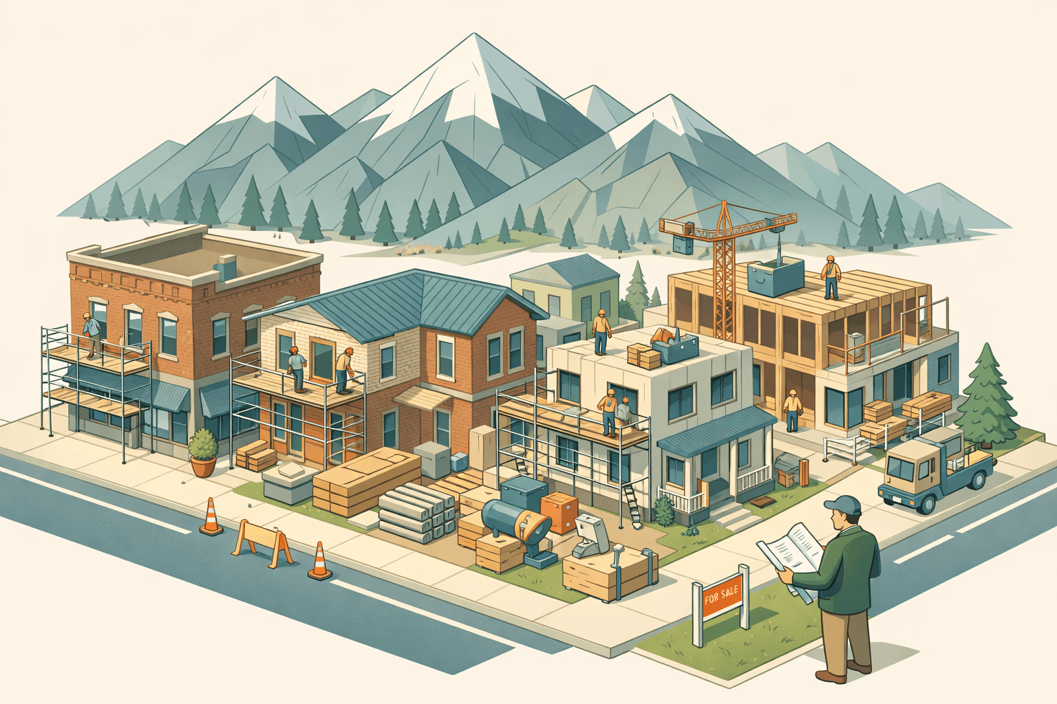 Isometric Colorado town scene with renovated buildings, mountain backdrop, construction activity, and a small lending office representing fix and flip investing.
