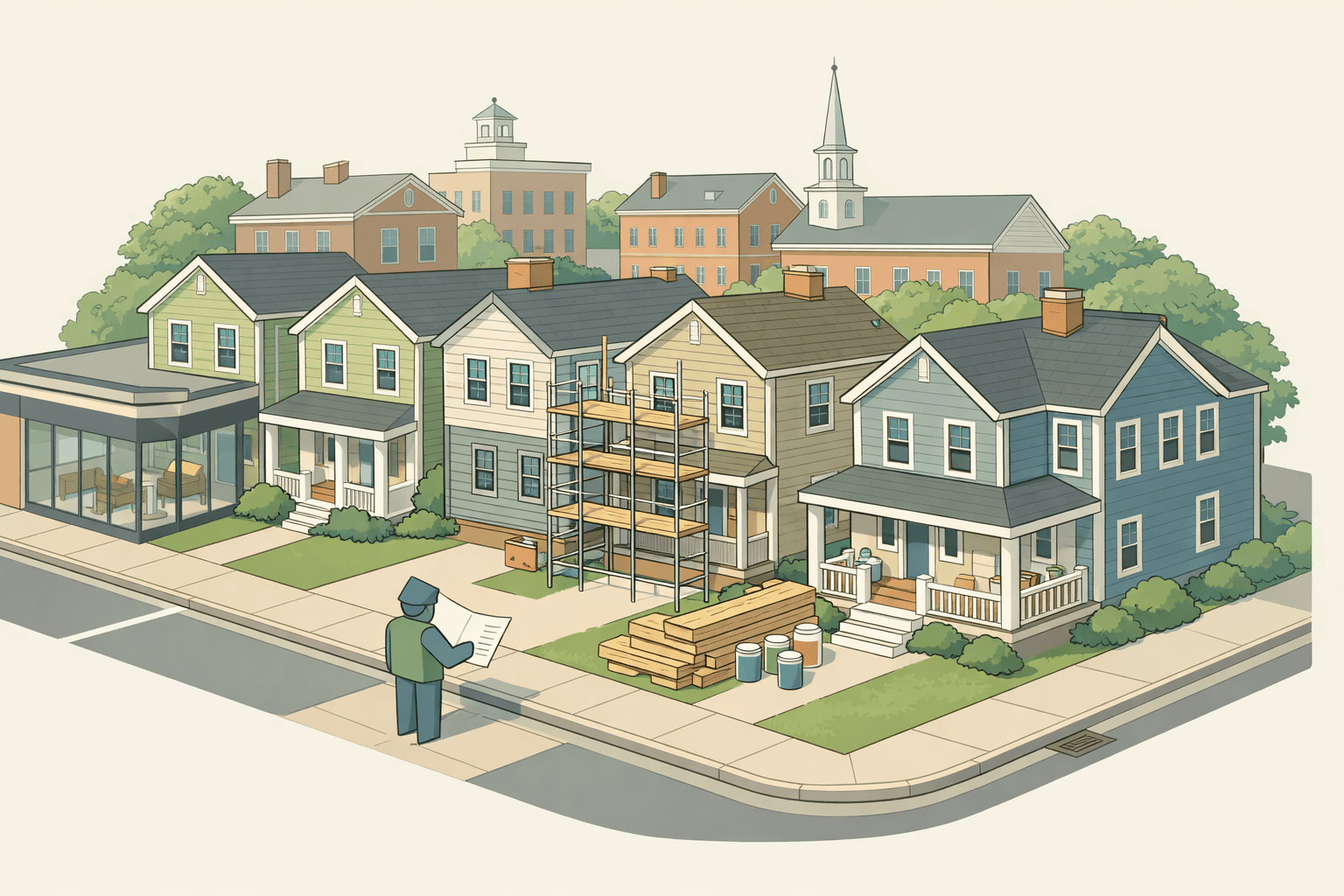 Isometric scene of Connecticut colonial homes under renovation with a lending office on the corner and a small investor figure reviewing project plans outside.