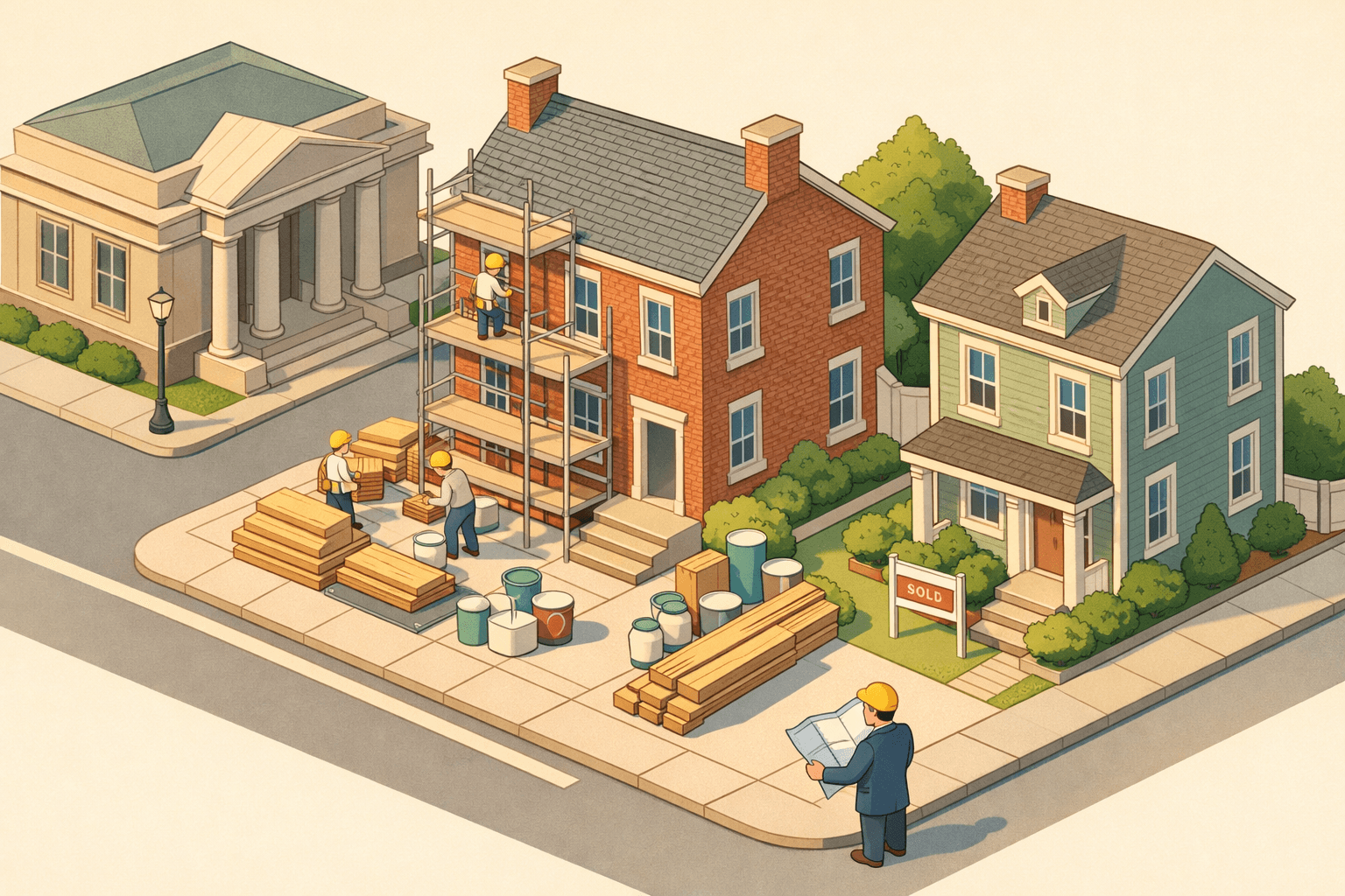Isometric street scene of a Delaware colonial rowhouse under renovation with scaffolding, a completed neighboring property, and a small investor reviewing blueprints.