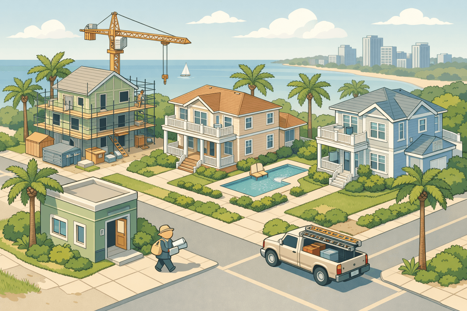 Isometric illustration of a Florida neighborhood with homes in various stages of renovation, a small lending office, palm trees, and a tiny investor figure with blueprints.