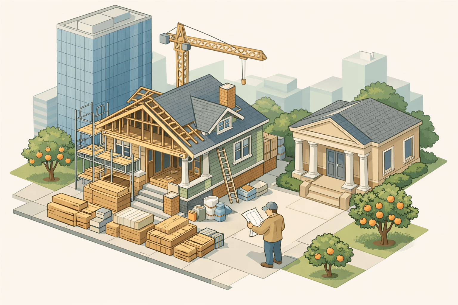 Isometric scene of a Georgia bungalow under renovation next to an Atlanta office tower with a small investor figure reviewing blueprints outside.