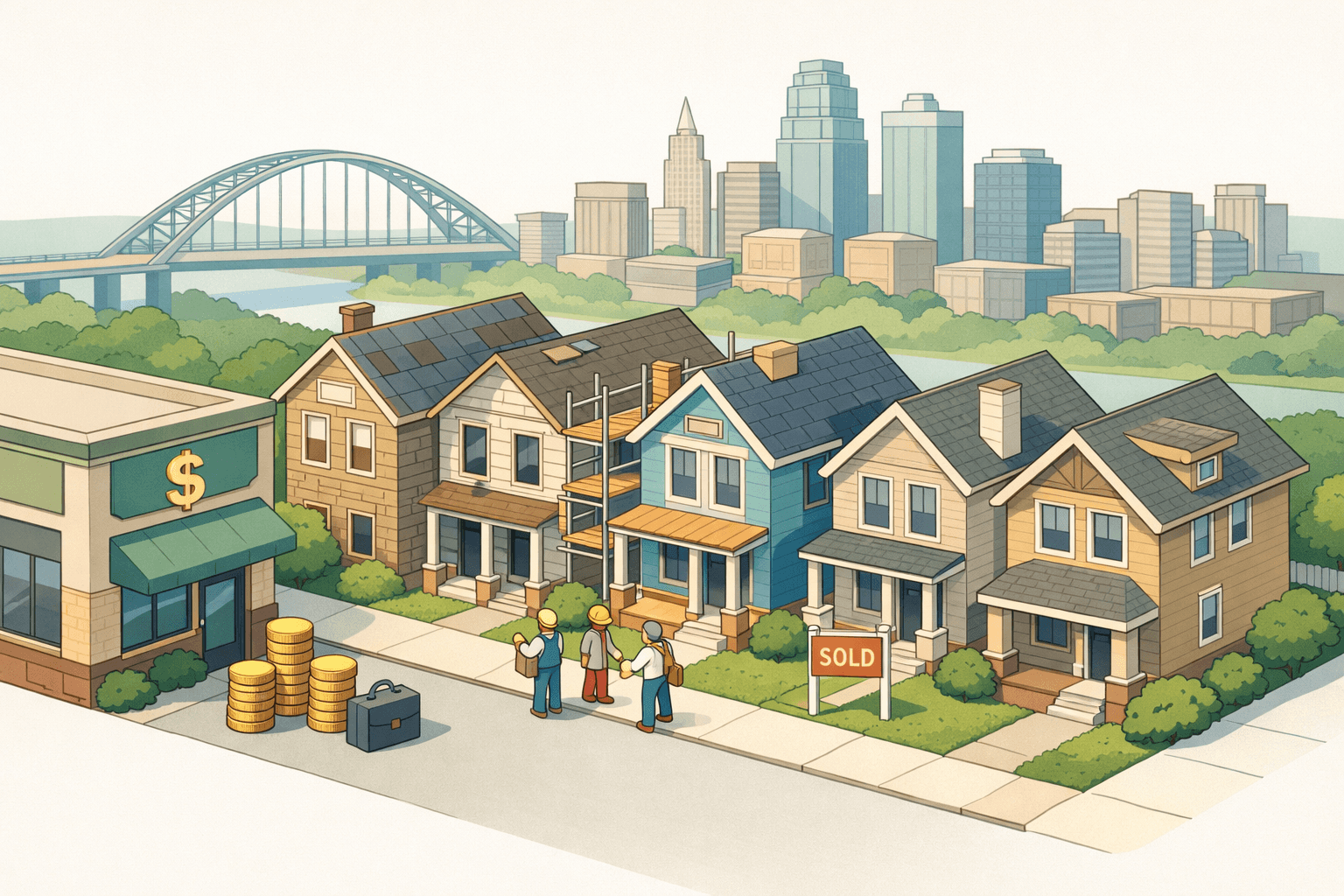 Isometric Kansas City street scene with renovated homes, a local lending office, construction activity, and the city skyline in the background.