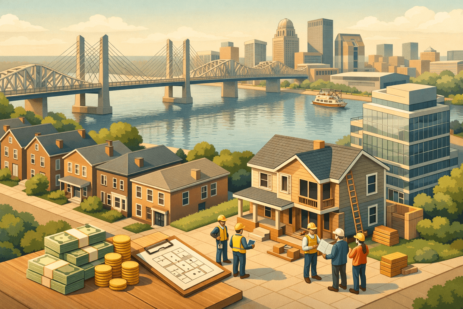Isometric view of Louisville with a river bridge, historic brick homes, and tiny figures reviewing blueprints near a property under renovation.