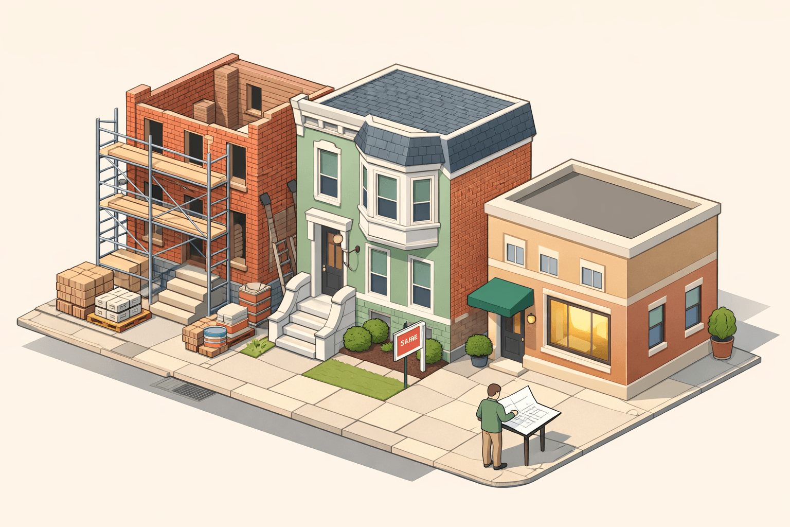 Isometric scene of Maryland rowhouses in renovation next to a completed flip property with a small lending office and an investor reviewing plans nearby.
