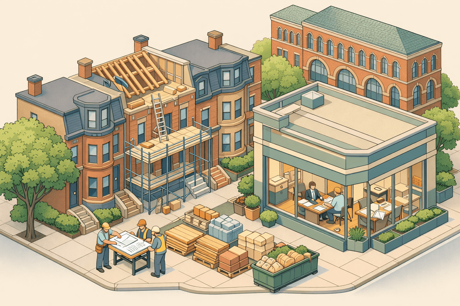 Isometric scene of a Boston brownstone under renovation with construction workers, building materials, and a nearby lending office.