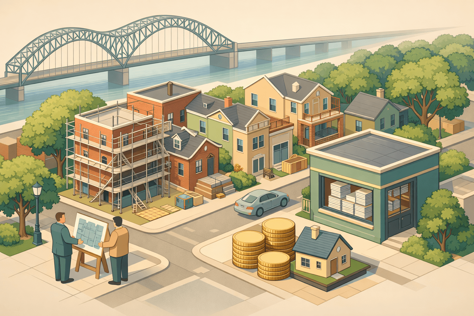 Isometric Memphis cityscape with renovated row houses, a bridge structure, a small lending office, and tiny figures reviewing investment property plans.