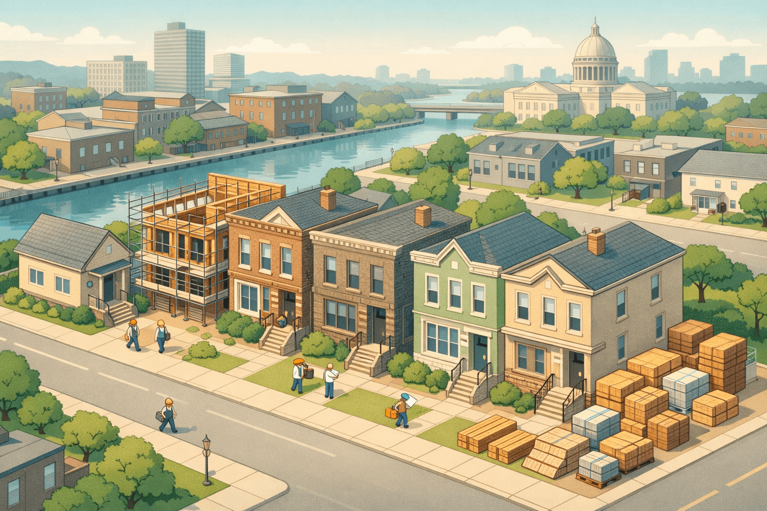 Isometric view of Milwaukee residential buildings in various stages of renovation with a nearby lending office and construction activity on the street.
