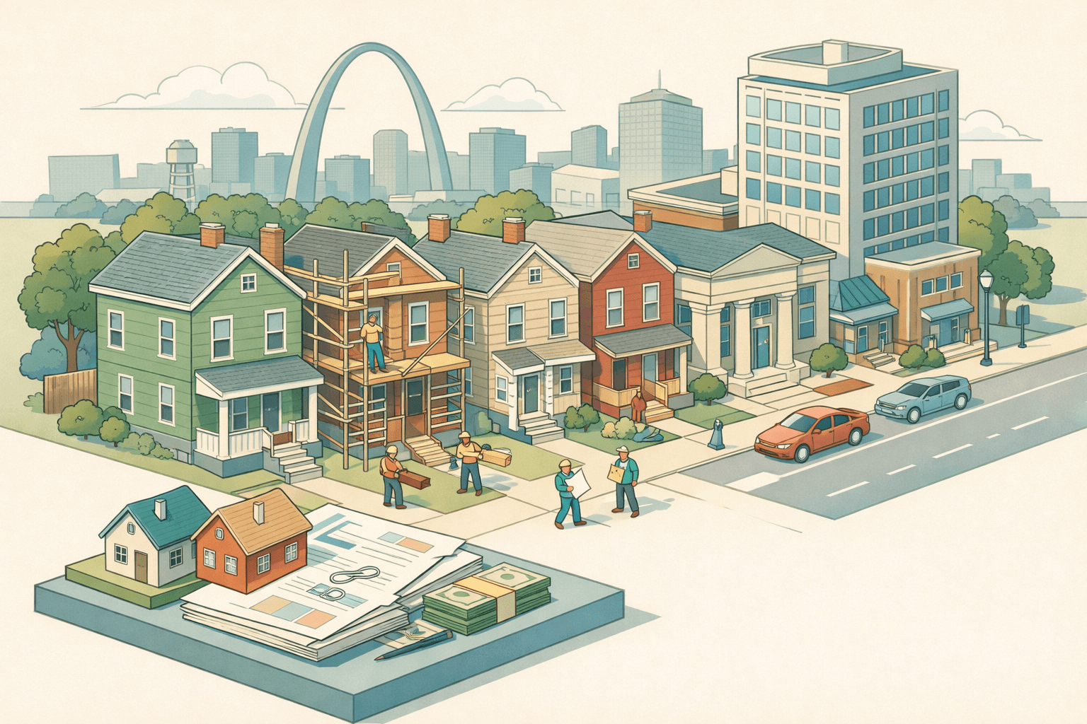 Isometric Missouri cityscape with renovating brick homes, a small bank building, construction workers, and a distant arch silhouette on the horizon.
