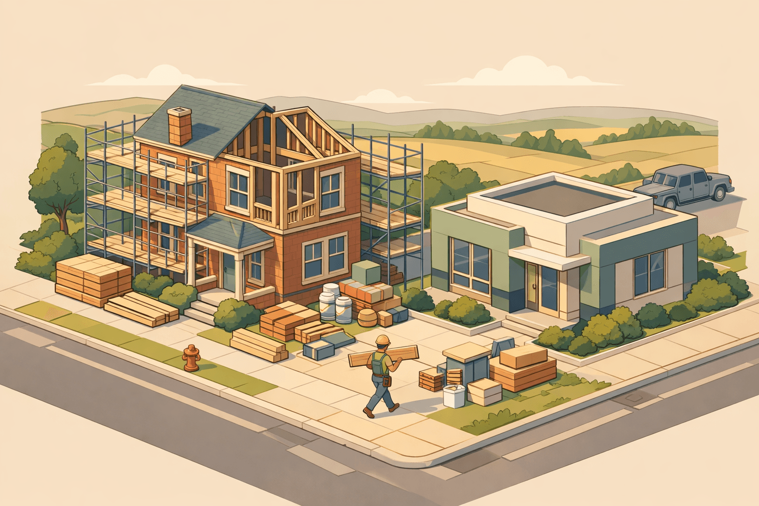 Isometric view of a Nebraska neighborhood with a brick house under renovation next to a small lending office and construction materials on the street.