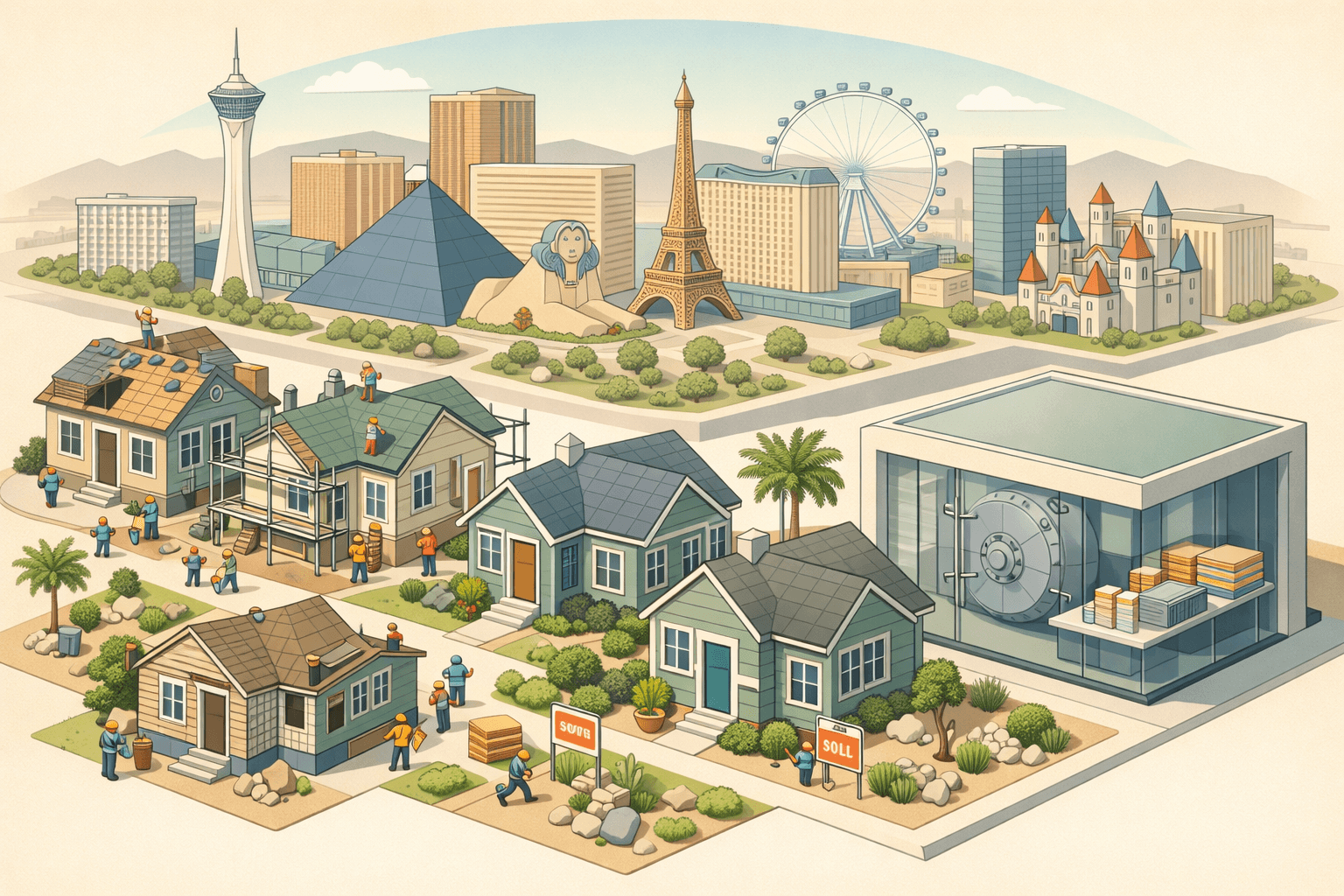 Isometric scene of Las Vegas residential homes being renovated with a small lending office building and tiny workers in a desert neighborhood setting.