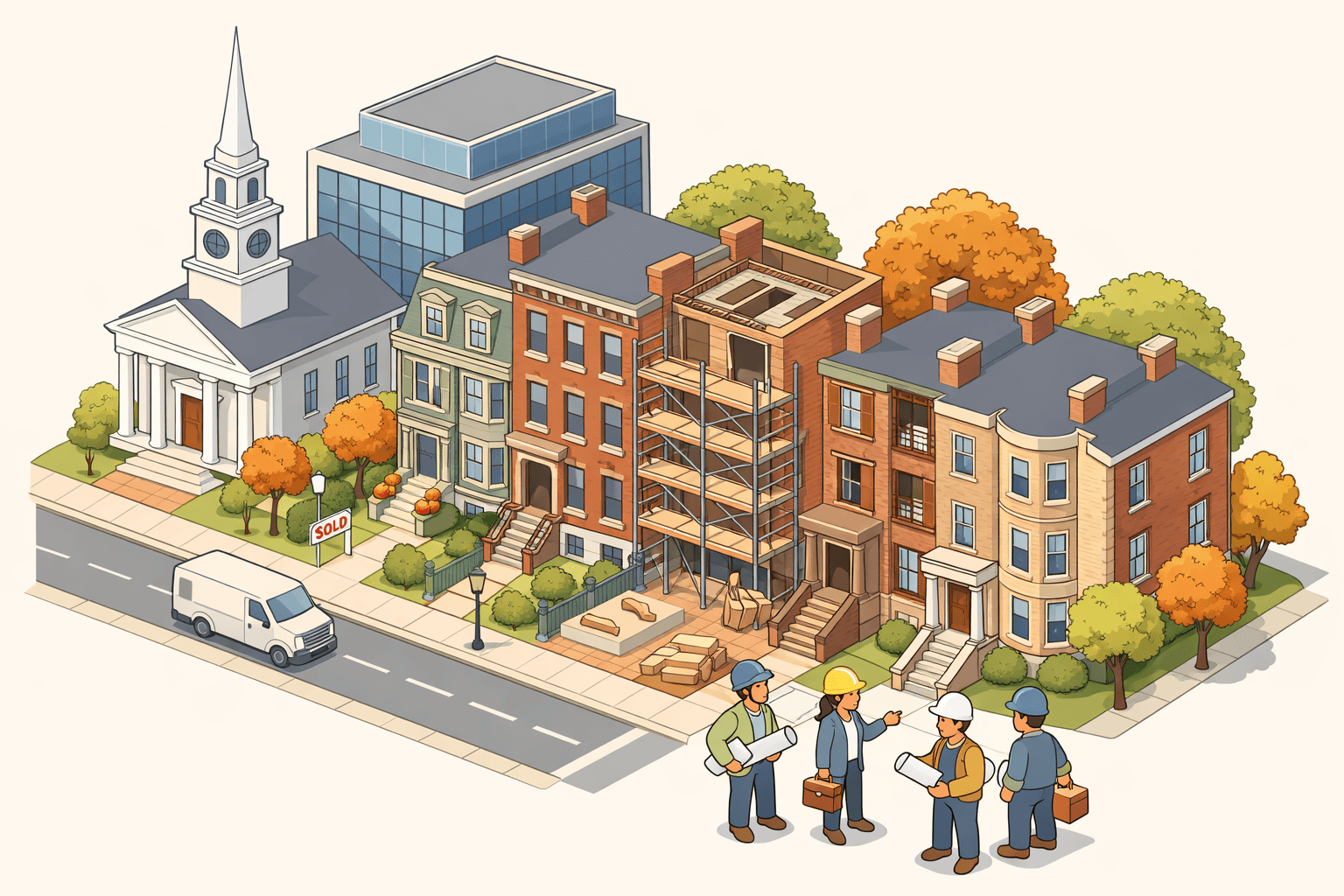 Isometric New England street with brick rowhouses, a colonial church, a lending office, and small figures near a home under renovation.