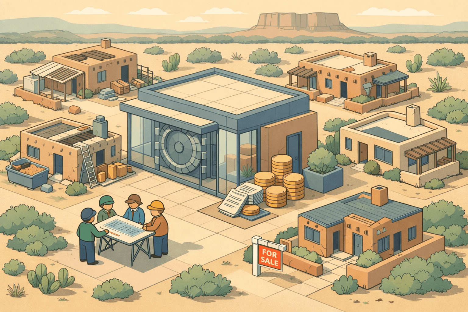 Isometric view of a New Mexico pueblo-style neighborhood with renovated investment properties, a lending office, and investors reviewing rehab plans outdoors.