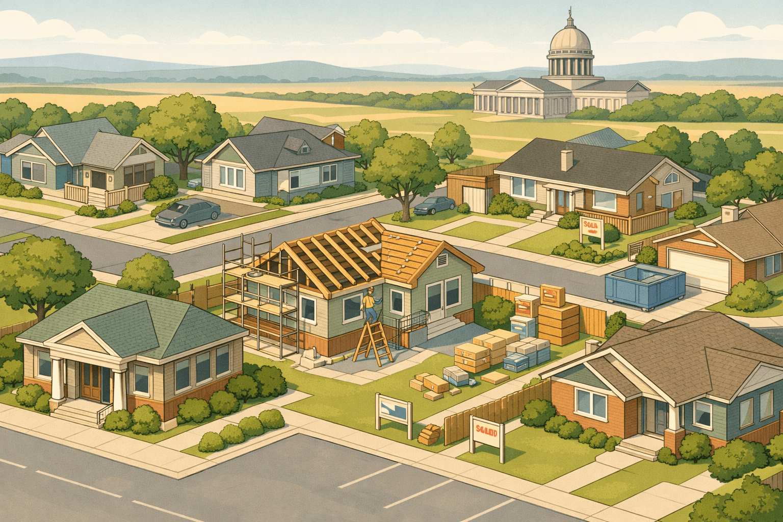 Isometric view of an Oklahoma neighborhood with homes under renovation, a corner bank building, construction scaffolding, and the state capitol dome in the distance.