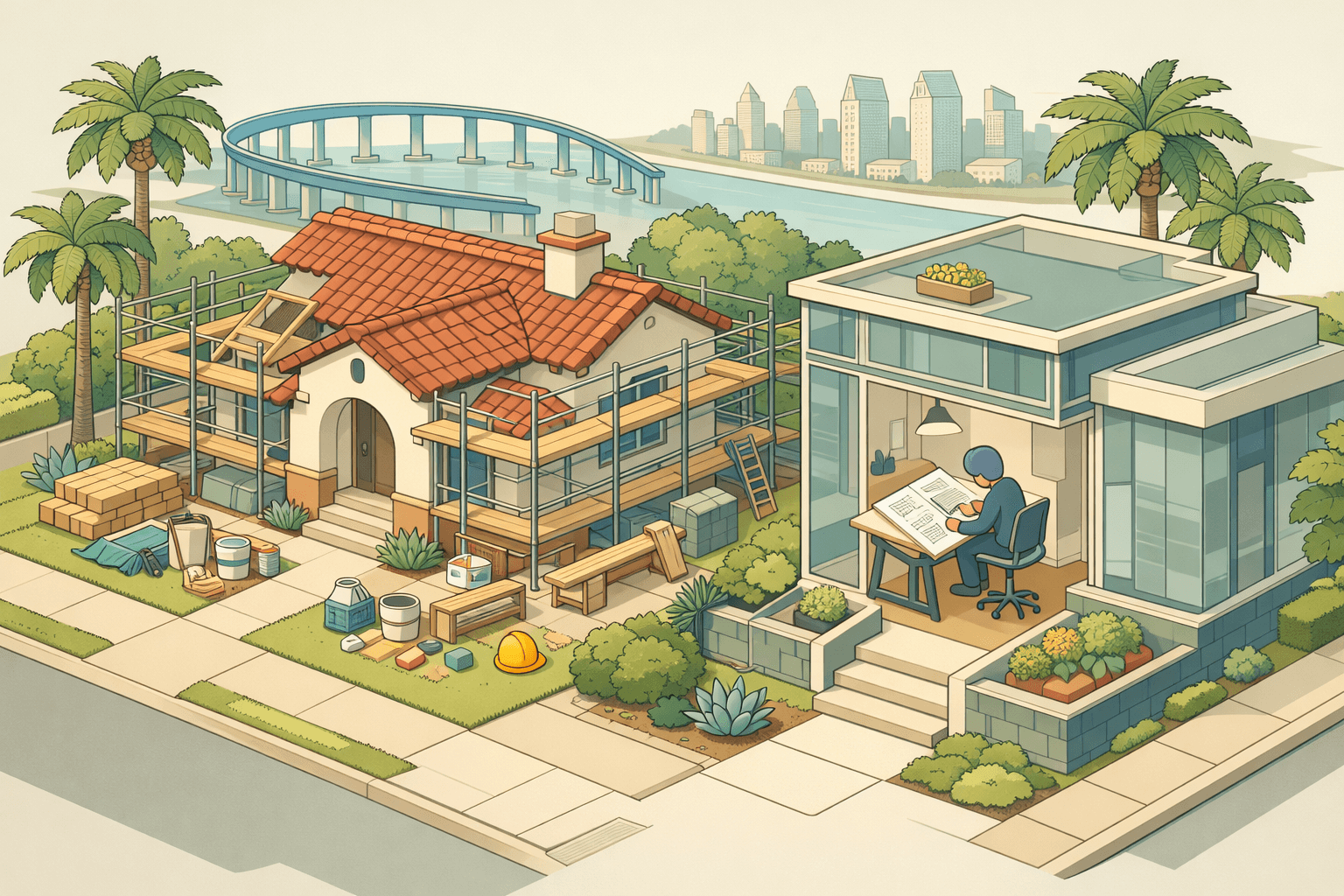 Isometric illustration of a San Diego home renovation project next to a lending office, with the Coronado bridge visible in the background skyline.