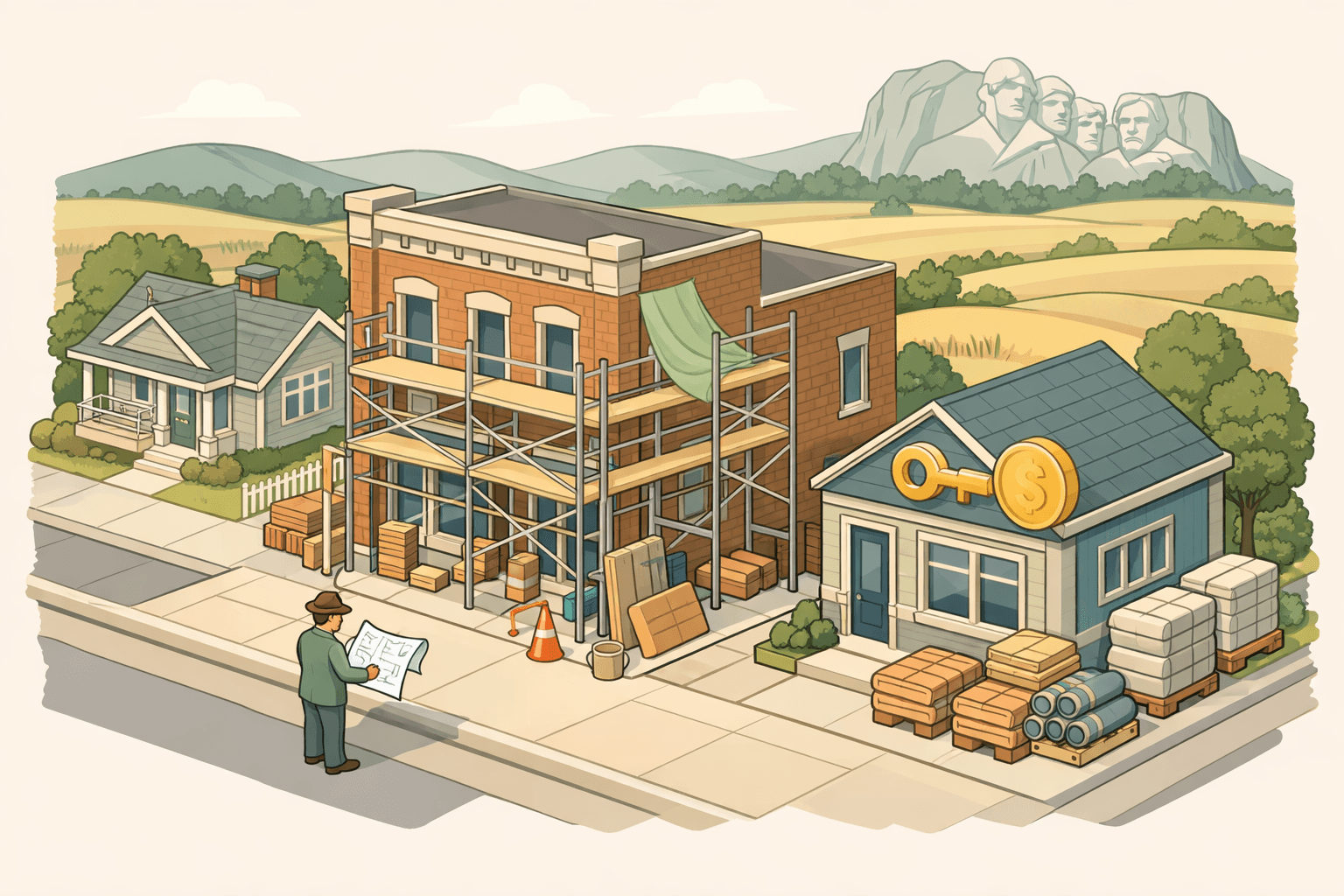 Isometric view of a South Dakota street with a building under renovation, a small investor figure, a lending office, and distant hills on the horizon.