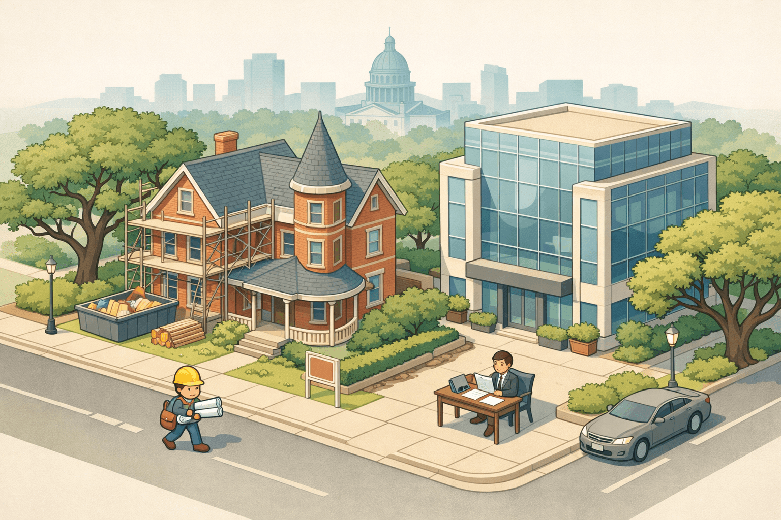 Isometric illustration of a Texas neighborhood with a house under renovation, a lending office building, and small figures representing investors and contractors.
